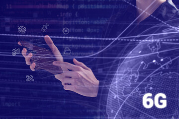 Business, technology, internet and network concept. Young businessman thinks over the steps for successful growth: 6G