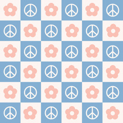 Checkerboard  seamless pattern with  geometric shaped flowers and peace symbols. Trendy vector background in retro style 60s, 70s. Pastel colors
