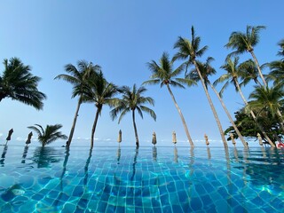 Fototapeta na wymiar beach and sea, Holiday and vacation, nice tropical beach with palms, White clouds with blue sky