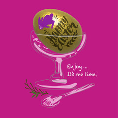 Golden chocolate Easter egg with bunny and happy easter graphic putting on a ice-cream glass, glass scoop and 2 leaves are on side, text: Enjoy...it's “me” time.  vector.