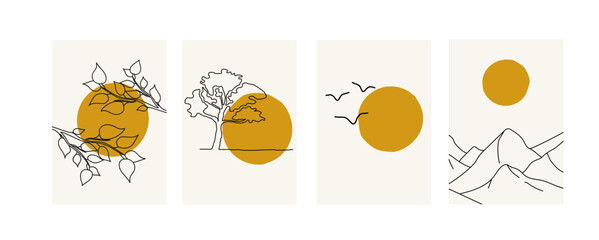 Collection of modern minimalistic simple landscape abstractions (sketch): mountains, tree, branch, birds, geometric shapes (sun) on a beige background