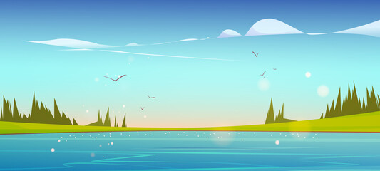 Fototapeta na wymiar Lake, green grass and coniferous trees on coast in morning. Vector cartoon illustration of summer landscape with blue water, meadows, forest and flying birds