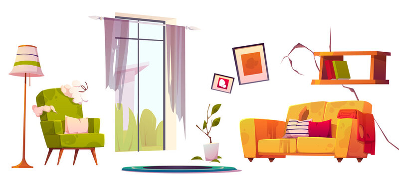 Old living room furniture, dirty and broken sofa and chair. Vector cartoon set of abandoned home interior with torn couch upholstery and curtains, floor lamp, shelf and wall crack isolated on white