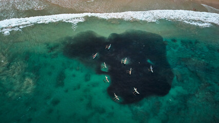 Aerial view of boats of fishermen fishing in the ocean