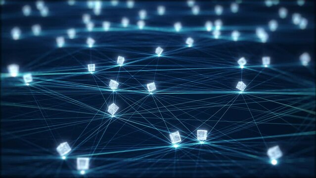 Blockchain network concept. Isometric digital blocks square code big data connection with Distributed ledger technology, Cryptocurrency finance business.