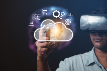 Concept metaverses. Man wears VR glasses and accesses Cloud Technology Internet Network data systems and databases through technology.
