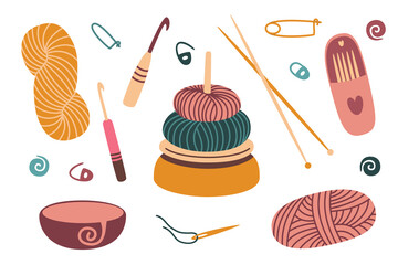 Knitting tools and wool yarn set. Craft and handmade needlework design elements. Vector flat illustration, isolated, cartoon, clipart.