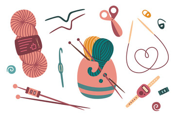 Knitting tools and wool yarn set. Craft and handmade needlework design elements. Vector flat illustration, isolated, cartoon, clipart.