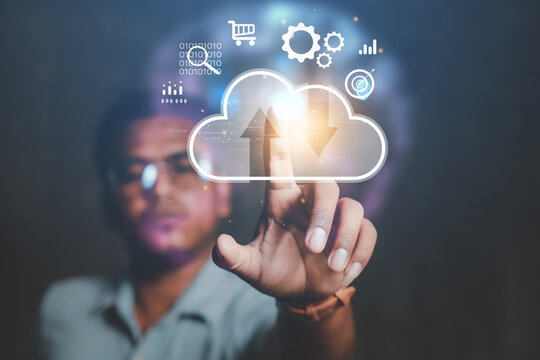 Concept metaverses. Man wears VR glasses and accesses Cloud Technology Internet Network data systems and databases through technology.