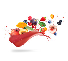 Different fruits and berries in splashes of juice isolated on a white background - obrazy, fototapety, plakaty