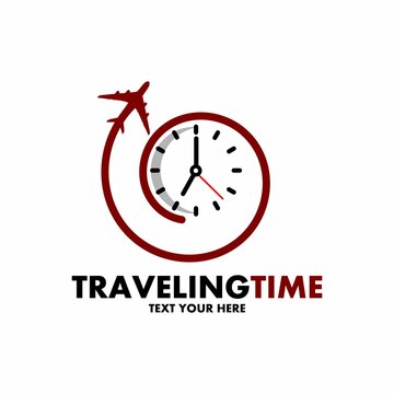 Traveling time vector logo template. This design use plane and clock symbol. Suitable for vacation.