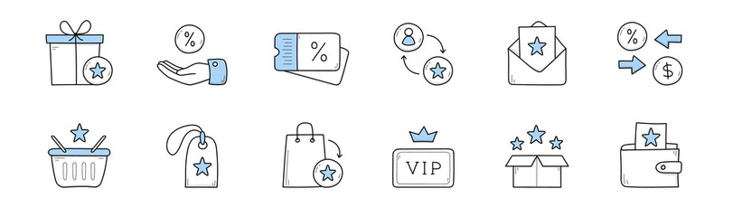 Set of loyalty program doodle icons gift box, hand with percent sign, sale coupon or tag, envelope, shopping basket and bag, vip client card, stars in box and wallet, Line art vector illustration - obrazy, fototapety, plakaty