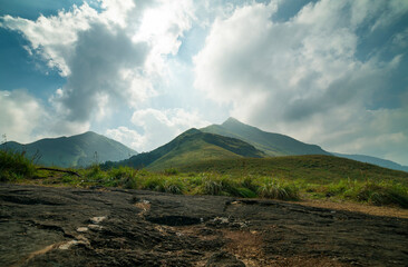 Beautiful Mountain scenery with blue sky, shot from Cembra peak Wayanad, New Kerala nature landscape image