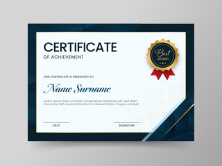 Horizontal Certificate Of Achievement Template In Blue And White Color.