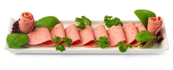 Cold smoked meat plate with salad leaves isolated on white