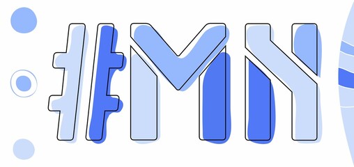 MN Hashtag. Isolate curves doodle letters. Blue colors. Hashtag #MN is abbreviation for the US American state Minnesota for social network, web resources, mobile apps.