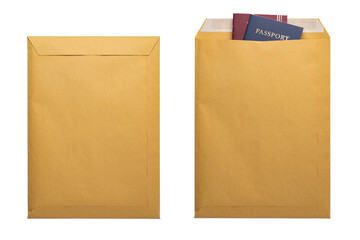 Brown envelope front and back isolated on white background. Letter top view.