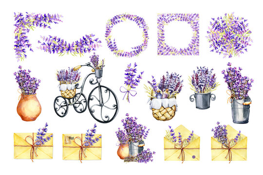 Big set of lavender flowers, composition of flowers, bicycle, bouquet, basket. Hand drawn watercolor illustration isolated on white background