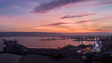 Fototapeta na wymiar Bautiful sunset at Varna bay and sea port. Varna is the sea capitol of Bulgaria