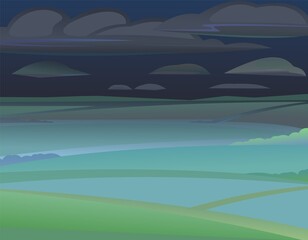 Fototapeta na wymiar Night rural landscape. View of farm garden fields and hills. Flat style cartoon design. Heavy clouds. Beautiful dark suburban scene. Vector