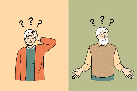Unhappy old man and woman with question marks above head suffer from Alzheimer disease. Confused mature grandparents frustrated struggle with dementia. Brain problem. Vector illustration. 