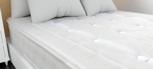 Fototapeta premium Bed and mattress, bedroom furniture. Empty bed, orthopedic mattress and cushions close up 3d render