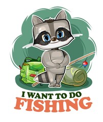 Funny cute baby Raccoon. He asks to take him fishing. Backpack m fishing rod. Naive animal child. Cartoon style. Illustration for children. Isolated over white background. Vector