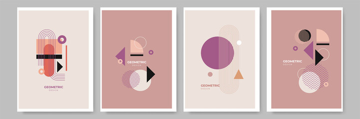Fototapeta premium Modern abstract geometric poster cover. Minimal retro boho bauhaus composition shapes design. Colorful geometric background. Vector illustration.
