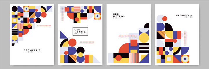Modern abstract geometric poster cover. Minimal retro boho bauhaus composition shapes design. Colorful geometric background. Vector illustration. - obrazy, fototapety, plakaty