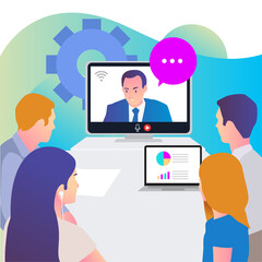 Employees are listening to a webinar from the boss about the work to be done