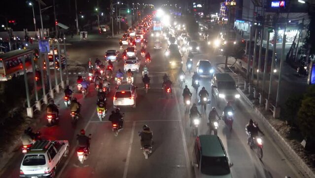 Night view of New Baneshwor road in Kathmandu. View from the bridge. smooth tilt. kathmandu