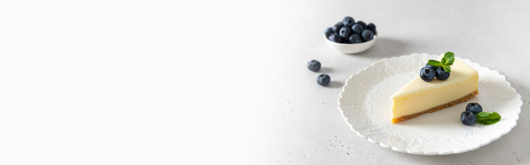 New York cheesecake or classic vanilla cheesecake banner. Delicious cheesecake with blueberries and mint on white stone background. Copy space. Confectionery web line, promotion