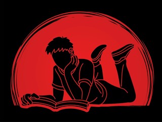 A Man Laying Down and Reading A Book People Learning Cartoon Graphic Vector
