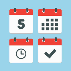 Icons calendar number 5, agenda app, timer, done