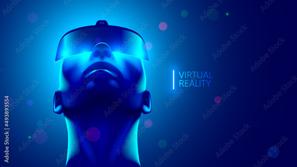 Aufkleber Afro american guy in futuristic virtual reality 3d headset or VR glasses looking up in virtual simulation. Augmented reality or AR helmet on head man. Digital computer entertainment technology.