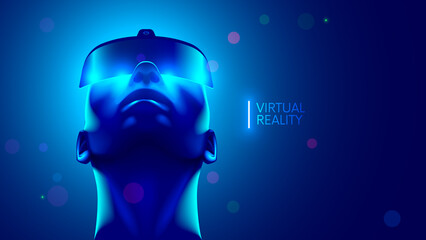 Afro american guy in futuristic virtual reality 3d headset or VR glasses looking up in virtual simulation. Augmented reality or AR helmet on head man. Digital computer entertainment technology.