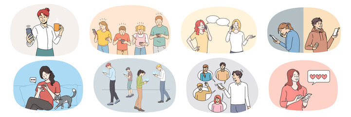 Collection of people overuse modern cellphone in daily life. Set of diverse men and women use smartphones, addicted to social media. Gadget and technology addiction. Vector illustration. 