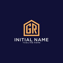 Initial GR logo with abstract home shape, modern minimalist realty logo design ideas - obrazy, fototapety, plakaty