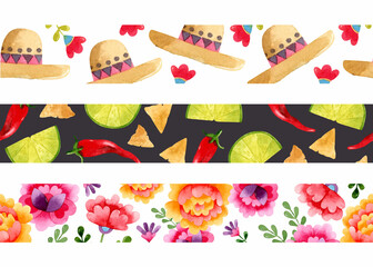 Watercolor Mexican seamless border set