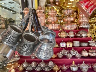 turkish coffee pots. Copper pots in sanliurfa bazaar. 