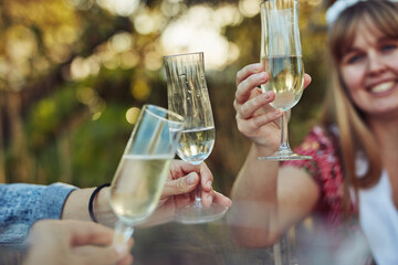 Its a beautiful day to celebrate and have champagne. Cropped shot of unrecognizable women toasting with champagne at a tea party outside.