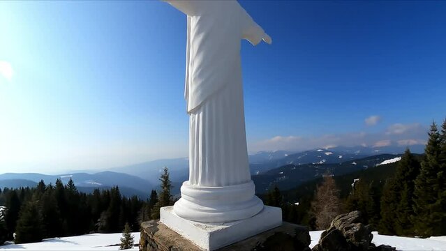 Christ the redeemer statue on Gleinalm in Styria in Austria, Europe. The monument is surrounded by forest and the Lavanttal Alps. Winter wonderland. Ski touring. Faith, freedom concept. Terenbachalm
