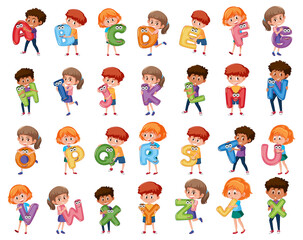 Children holding colourful english alphabet on white background