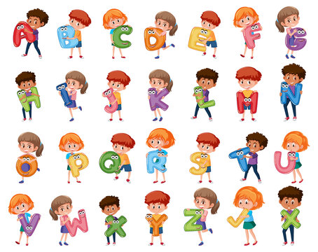 Children holding colourful english alphabet on white background