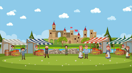 Medieval town scene in cartoon style