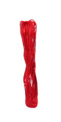 Bright red embroidery thread on white background