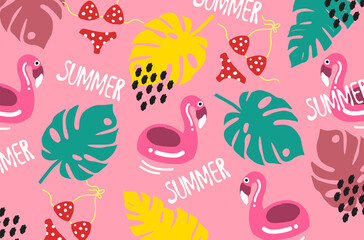summer pattern pink bikini and flamingo background leafs tropical