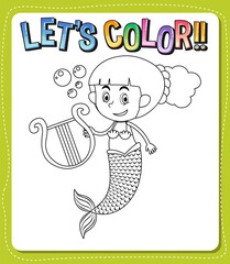 Worksheets template with let’s color!! text and mermaid outline