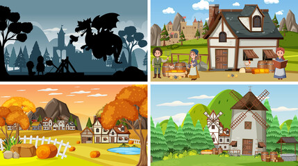 Set of different scene medieval with silhouette