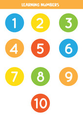 Learning numbers from 1 to 10 in colorful circles. Flashcards for preschool kids.